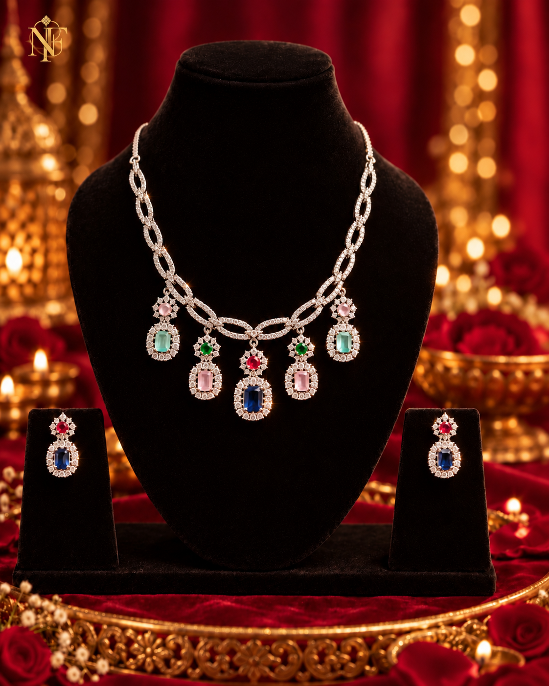 Aqua Blue AD Necklace Set with Drop Earrings view 4