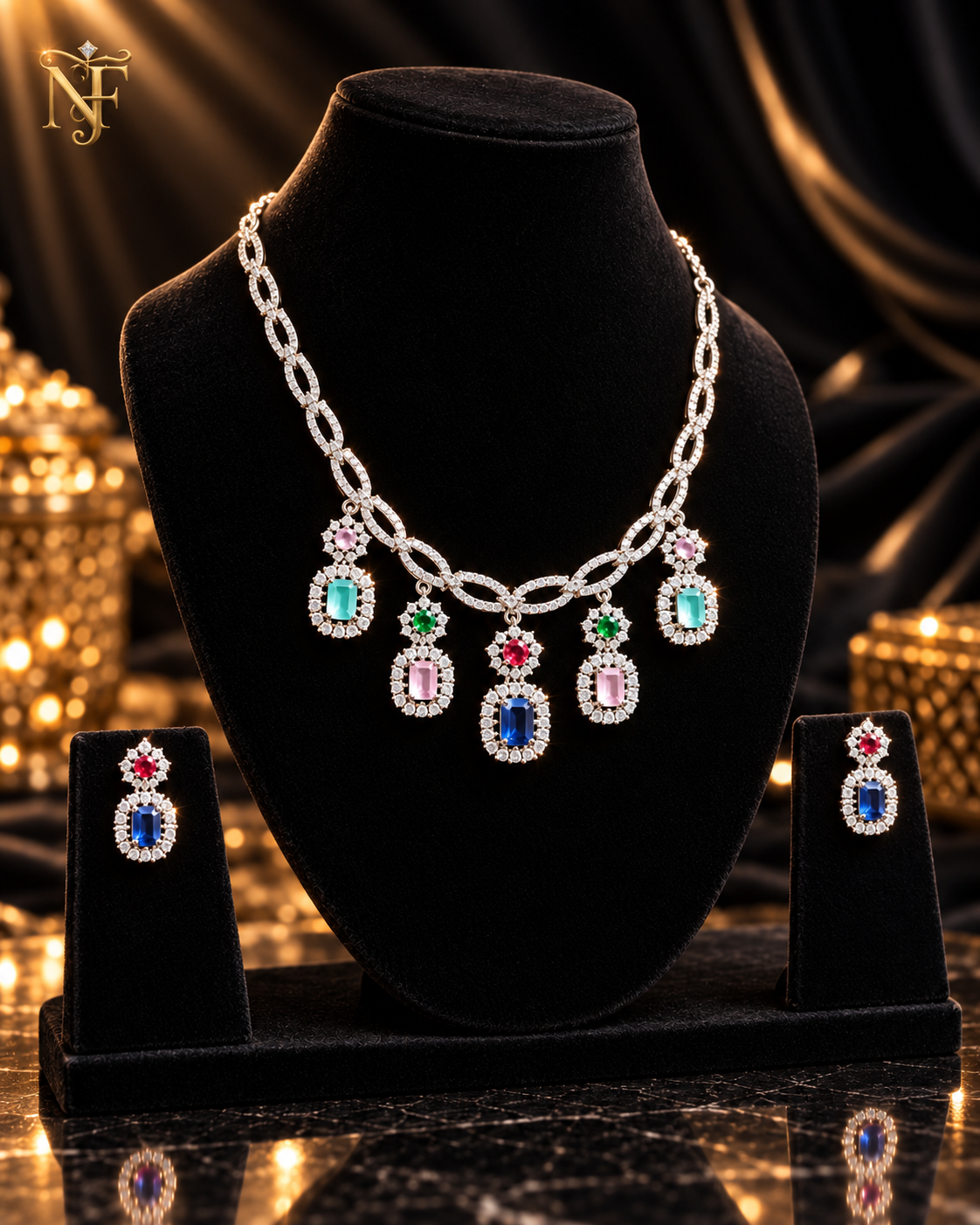 Aqua Blue AD Necklace Set with Drop Earrings view 5