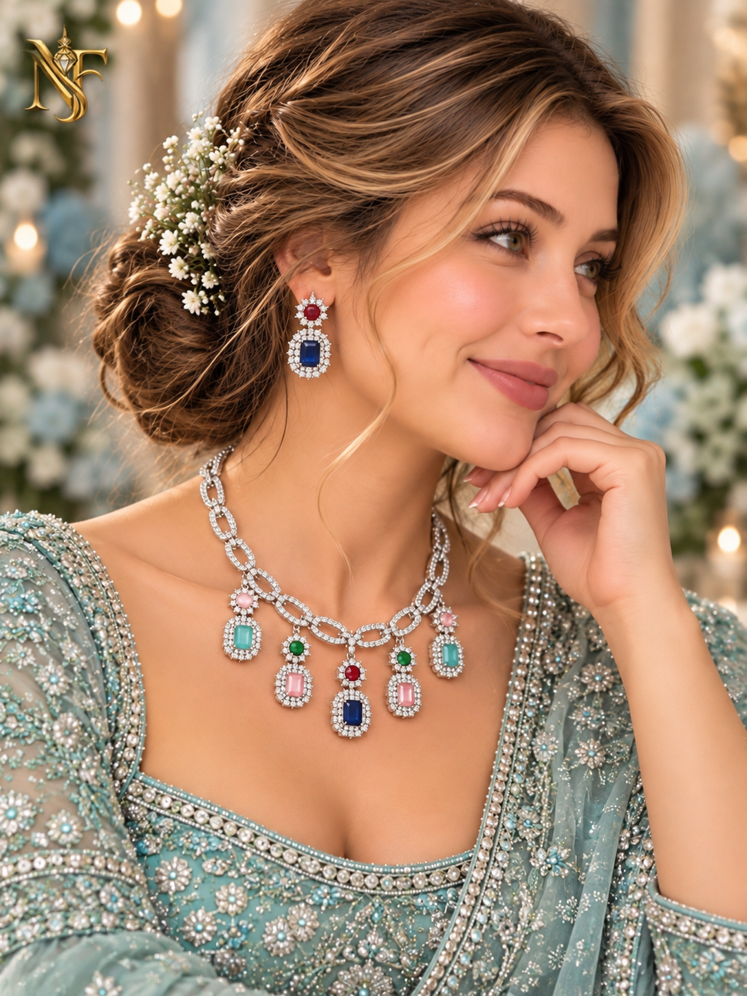 Aqua Blue AD Necklace Set with Drop Earrings