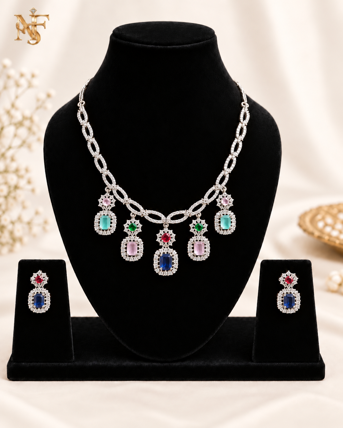 Aqua Blue AD Necklace Set with Drop Earrings view 3