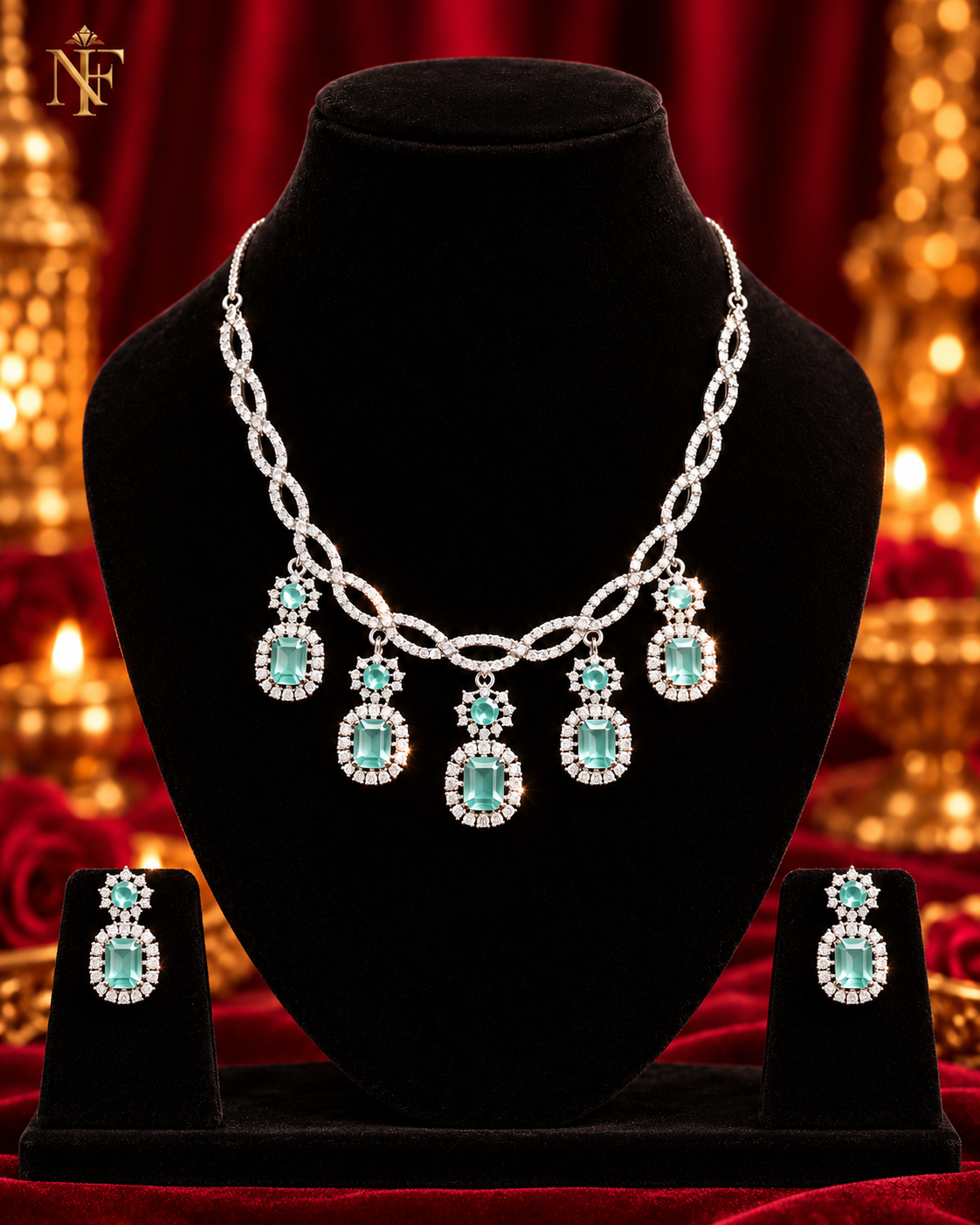 Aqua Blue AD Necklace Set with Drop Earrings view 2