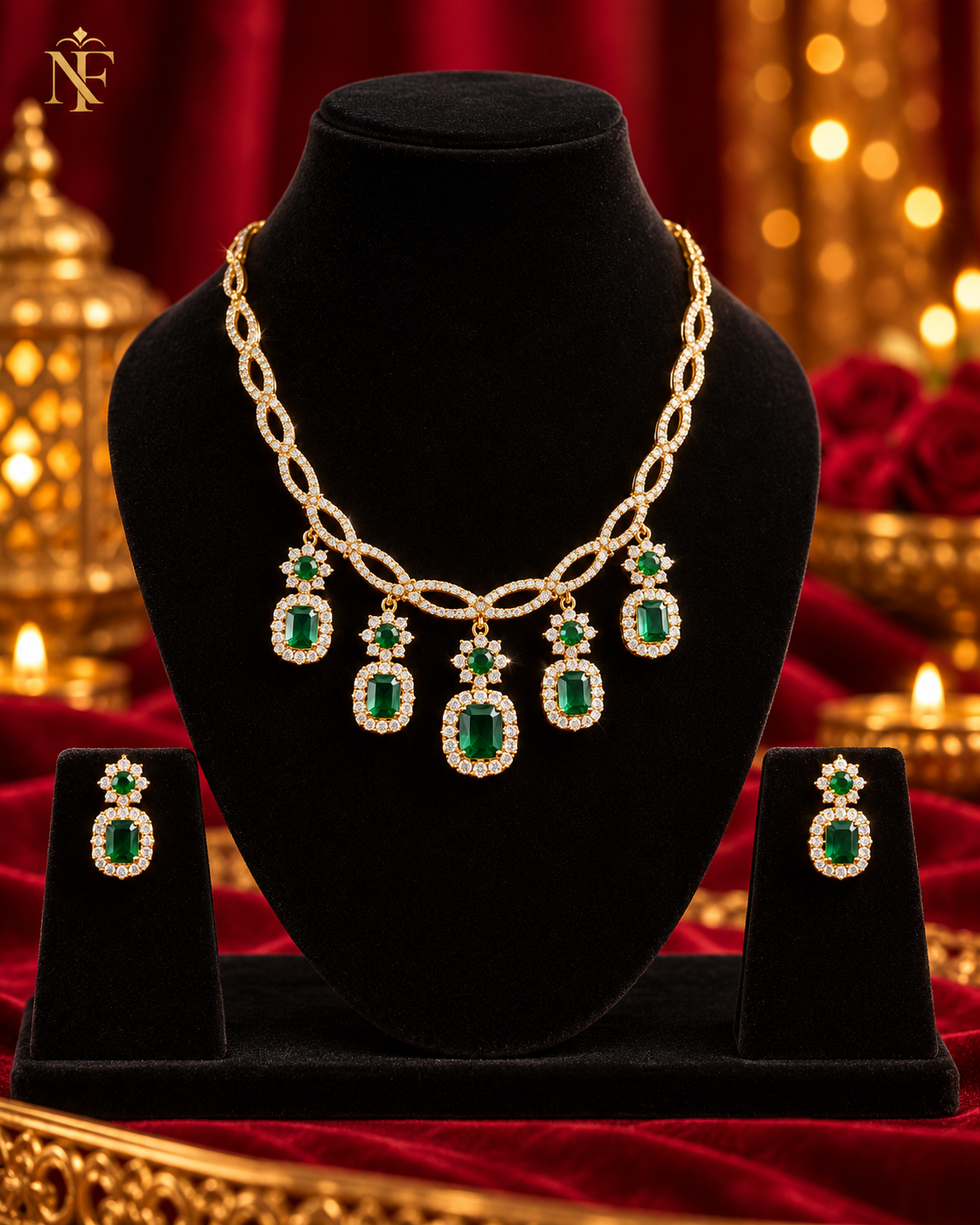 Aqua Blue AD Necklace Set with Drop Earrings view 7